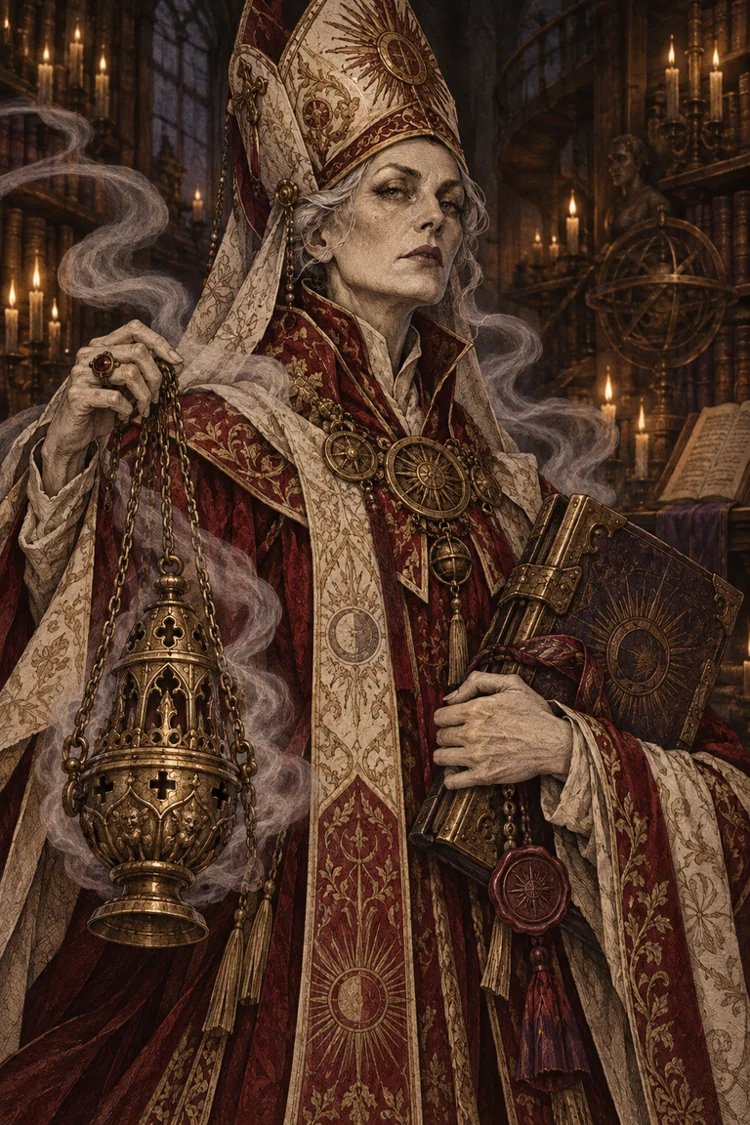 Cardinal Ysolde Vane, Keeper of the Seal, carrying an ornate censer