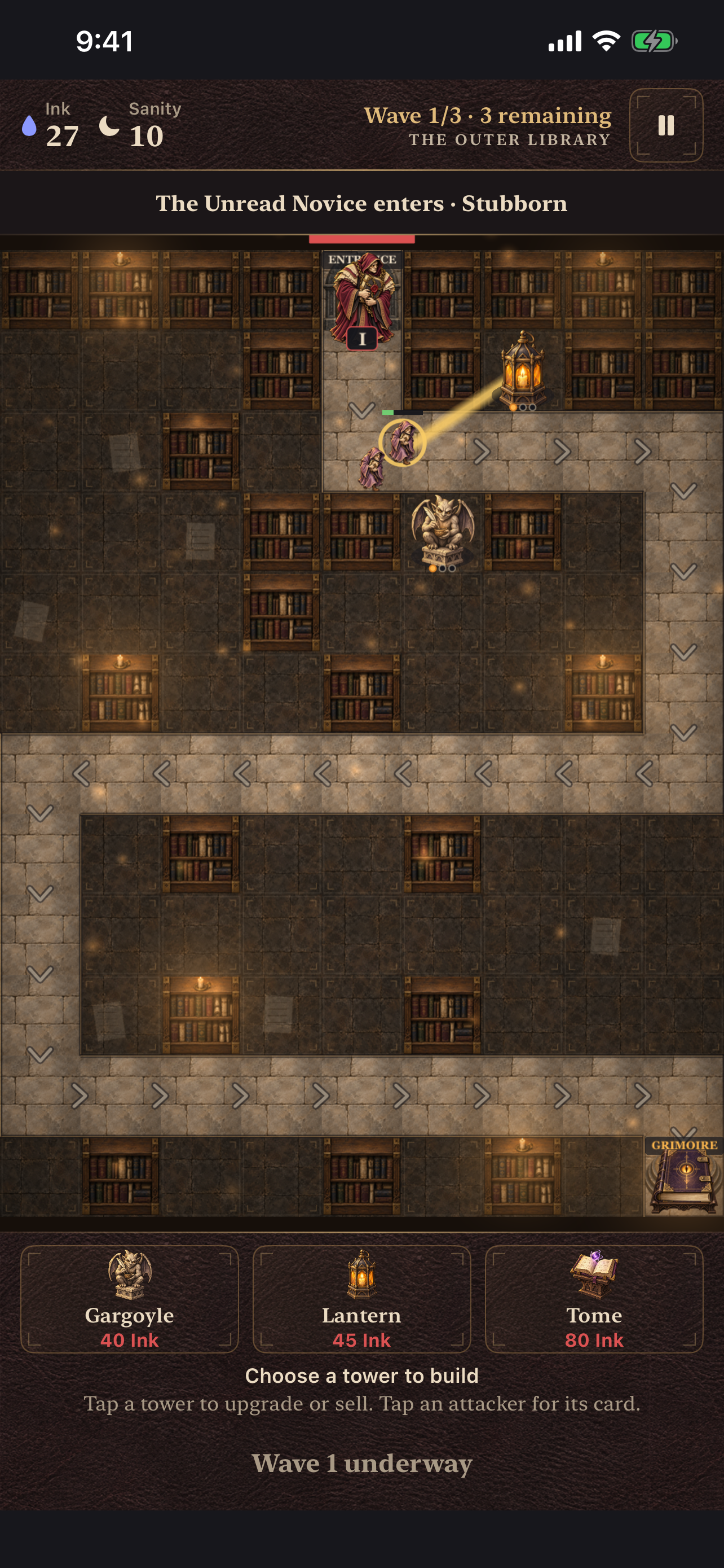 Gnosis Defense iPhone battlefield with guardians defending the library