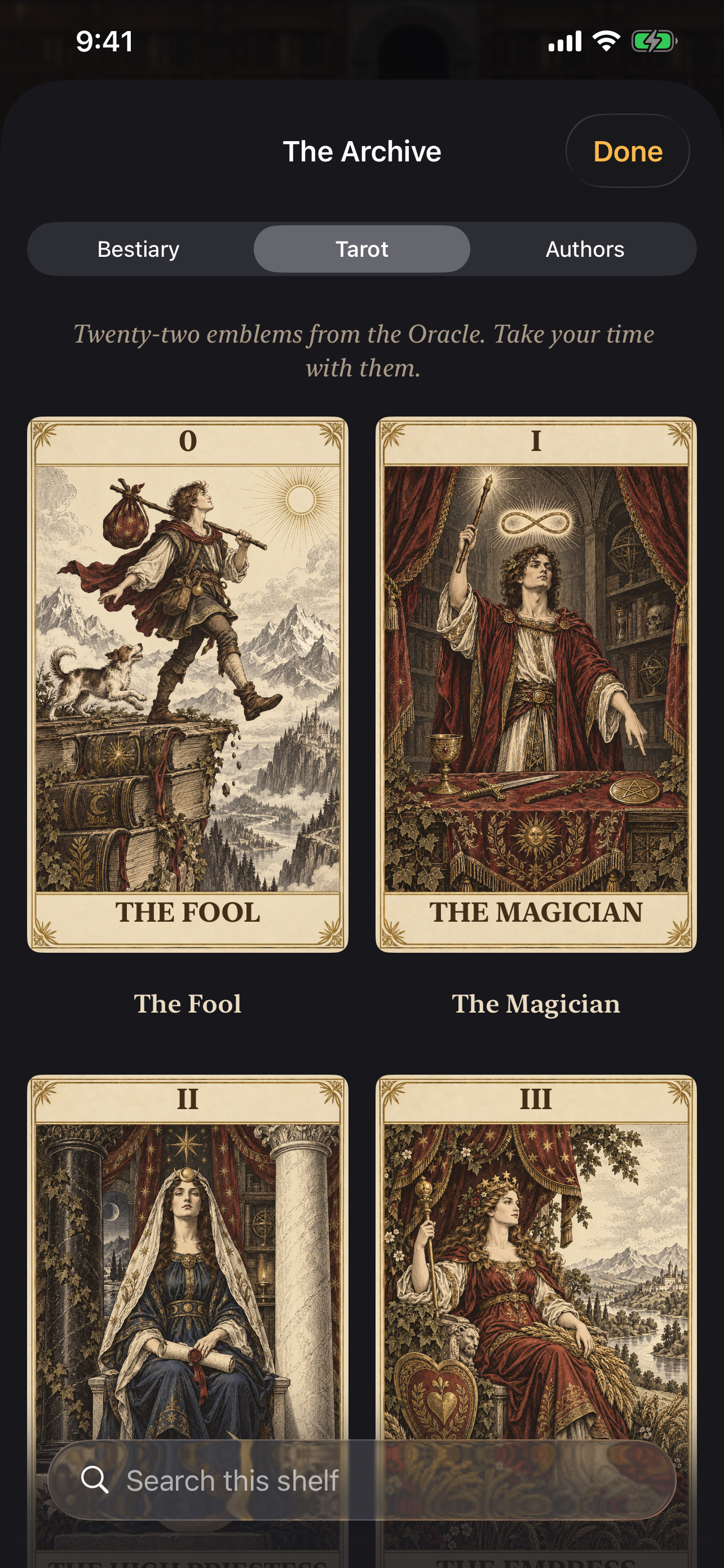 The illustrated tarot collection in Gnosis Defense on iPhone