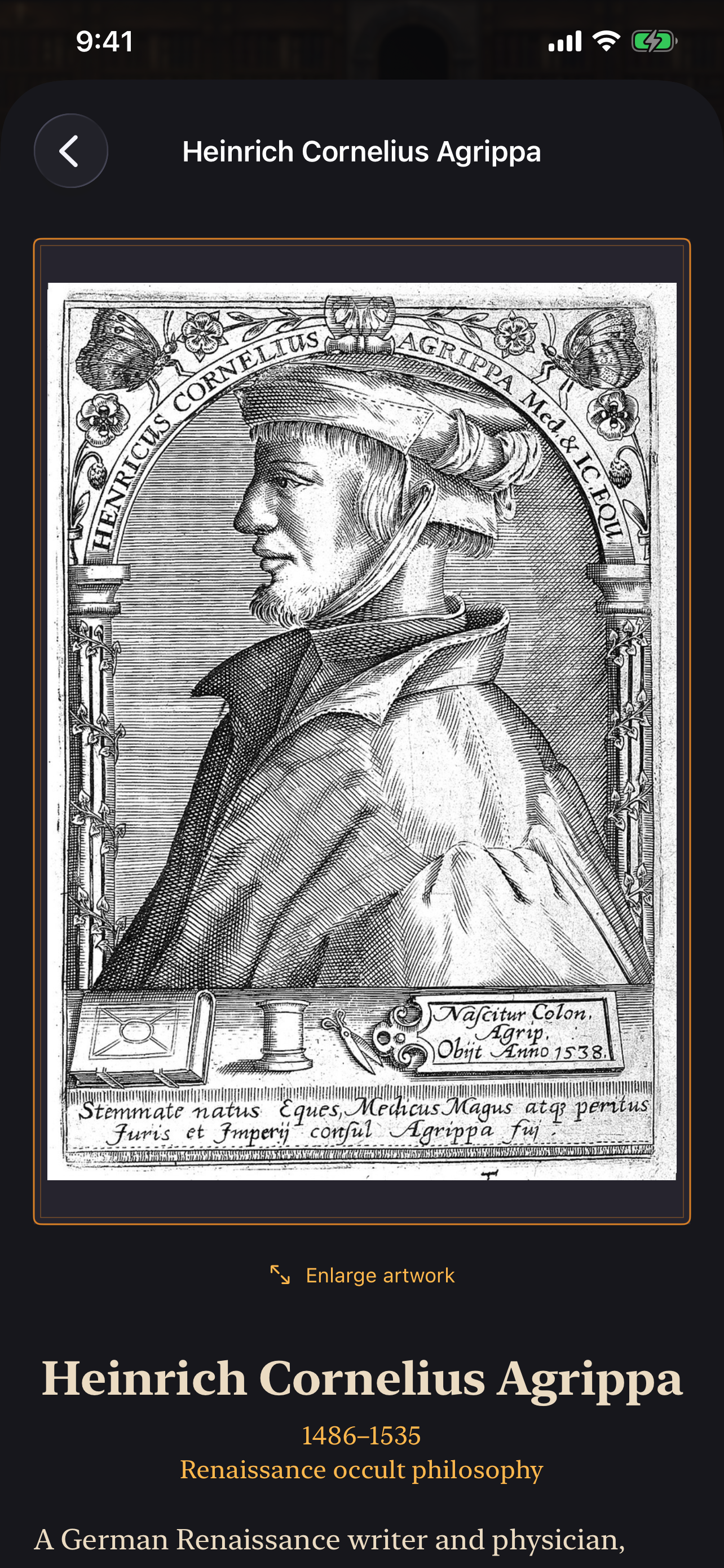 A historical author card and biography in Gnosis Defense on iPhone