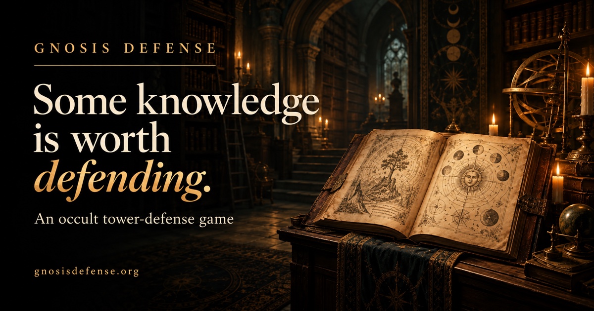 Gnosis Defense: Some knowledge is worth defending, with an illuminated grimoire in a candlelit library